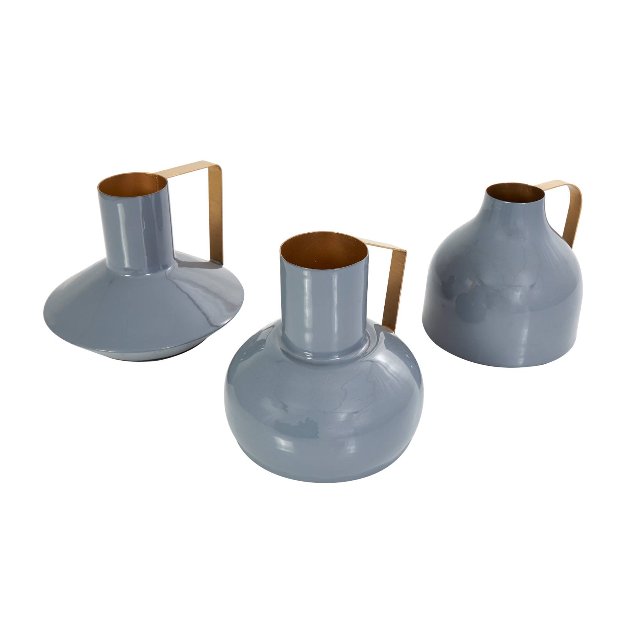 CosmoLiving by Cosmopolitan Blue Metal Abstract Enameled Vase with Geometric Gold Handle Set